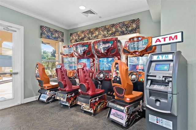 game room with dark colored carpet and crown molding