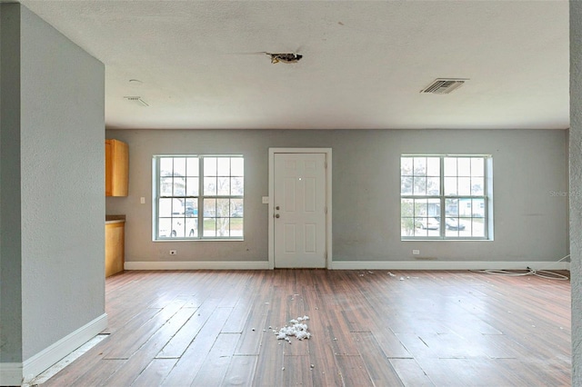 interior space featuring light hardwood / wood-style floors, a wealth of natural light, and a textured ceiling