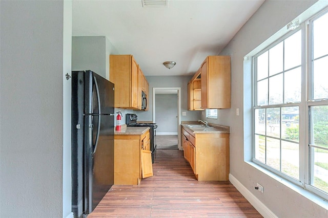 kitchen with black appliances, sink, and wood-type flooring