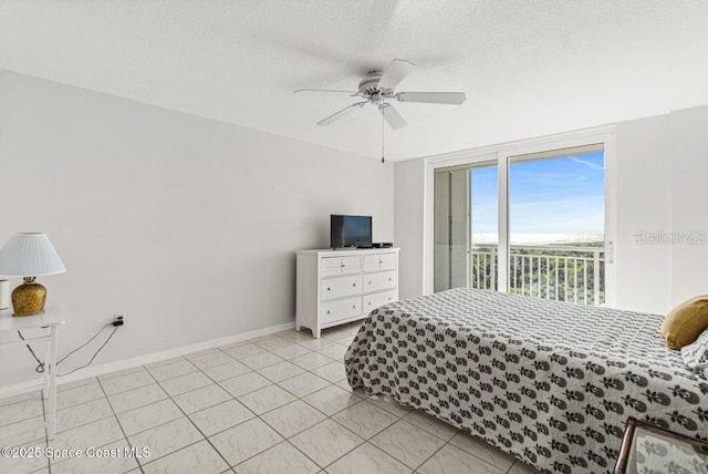 bedroom with ceiling fan, a textured ceiling, and access to outside