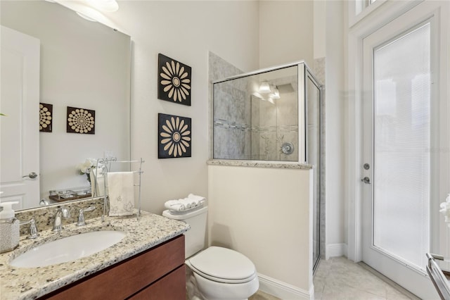 full bathroom with vanity, tile patterned flooring, a shower stall, and toilet