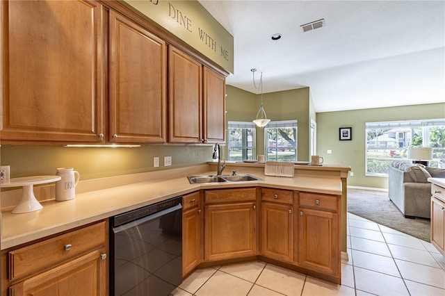 kitchen featuring dishwasher, sink, hanging light fixtures, kitchen peninsula, and light tile patterned floors