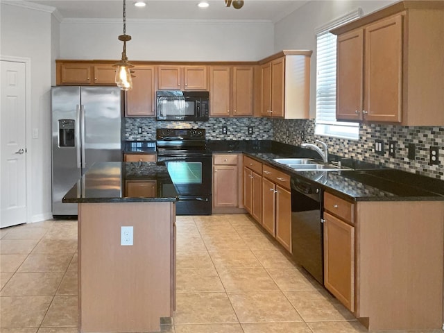 kitchen featuring black appliances, sink, a kitchen island, and light tile patterned floors