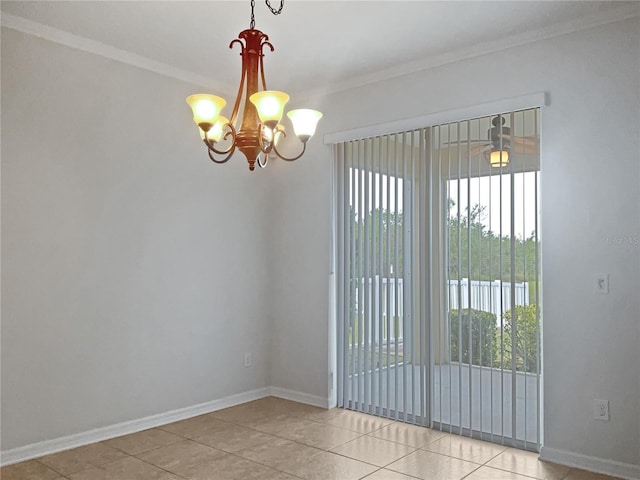 unfurnished room featuring a notable chandelier, crown molding, and light tile patterned floors