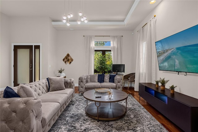 living room featuring dark hardwood / wood-style flooring and a tray ceiling