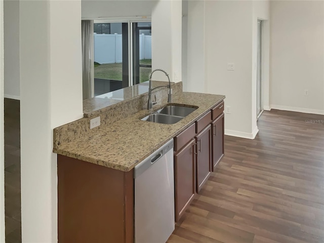 kitchen featuring kitchen peninsula, light stone countertops, dark wood-type flooring, dishwasher, and sink