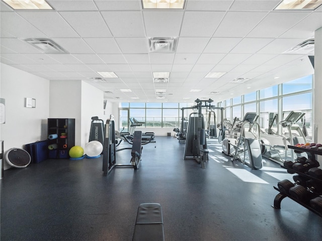 exercise room featuring expansive windows and a drop ceiling