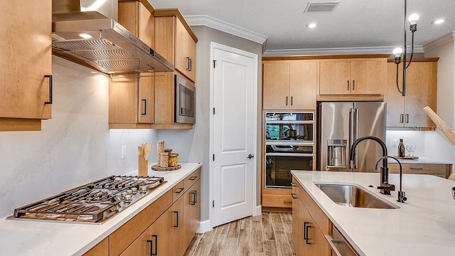 kitchen with appliances with stainless steel finishes, ornamental molding, sink, wall chimney range hood, and hanging light fixtures