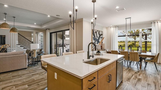 kitchen with a raised ceiling, sink, hanging light fixtures, ornamental molding, and an island with sink