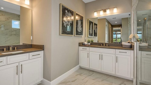 bathroom featuring vanity and a tile shower