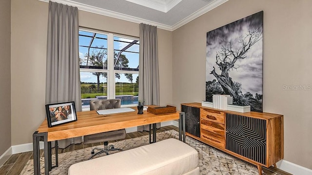 office with crown molding and hardwood / wood-style flooring