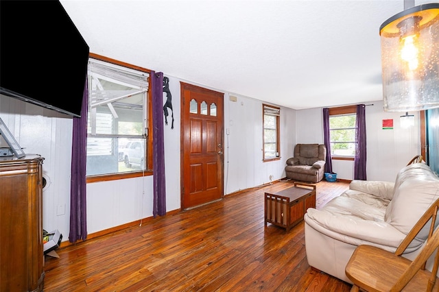 living room featuring dark wood-type flooring