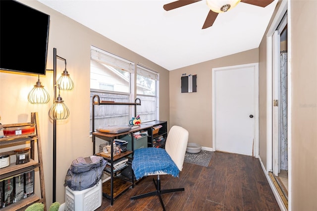 office featuring ceiling fan, lofted ceiling, and dark hardwood / wood-style floors