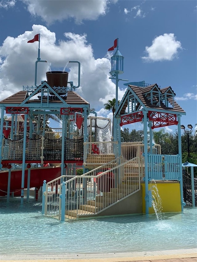 view of property's community featuring a view of the beach and a playground