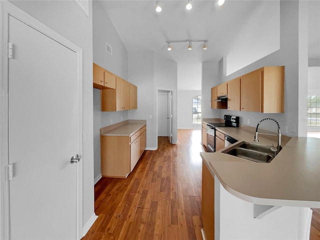 kitchen featuring stainless steel electric range, a towering ceiling, kitchen peninsula, light brown cabinetry, and sink