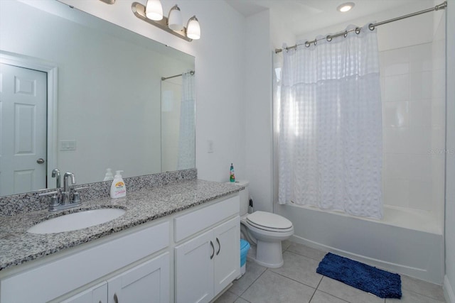 full bathroom with toilet, shower / tub combo, tile patterned floors, and vanity