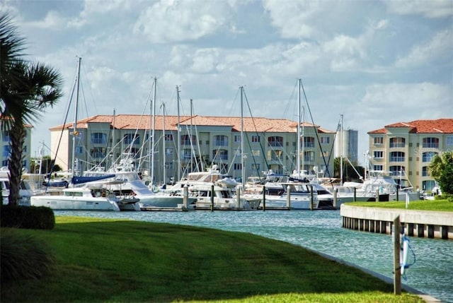 dock area with a water view and a yard