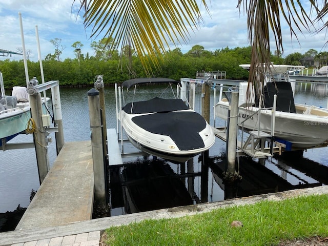 dock area featuring a water view and boat lift