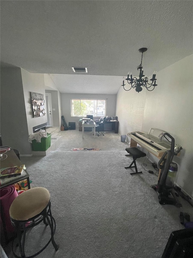 game room featuring carpet flooring, vaulted ceiling, and a textured ceiling