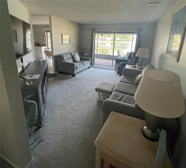 carpeted living room with a textured ceiling