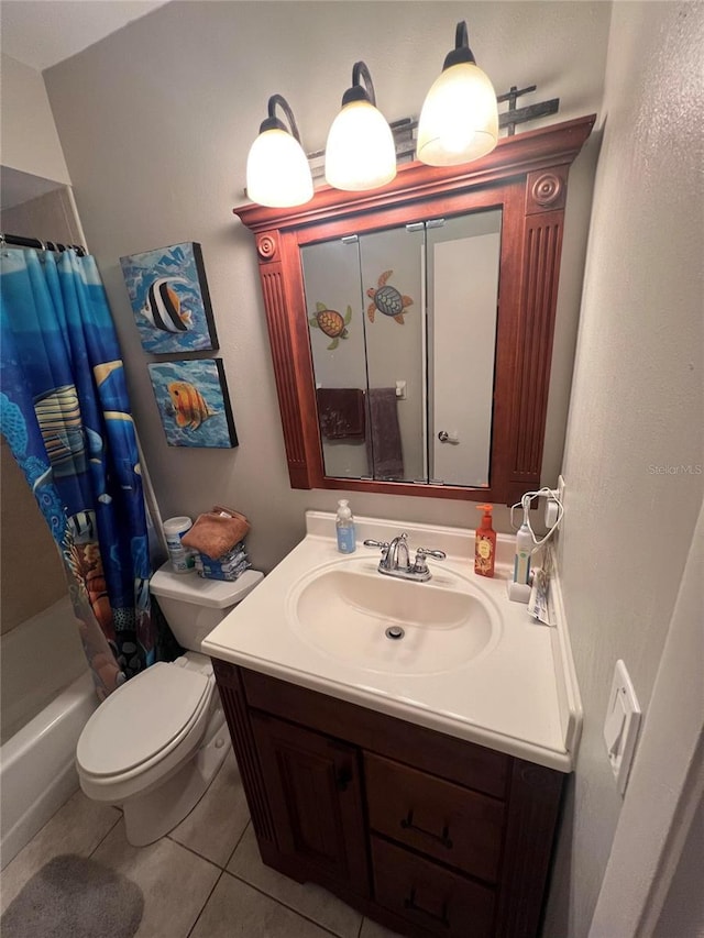 full bathroom with toilet, vanity, tile patterned floors, and shower / tub combo with curtain