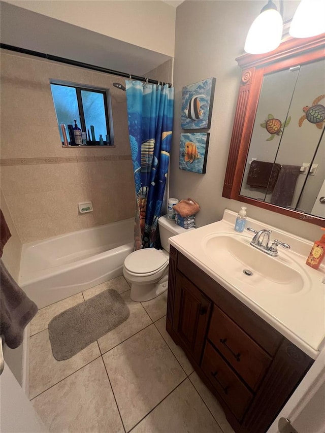 full bathroom featuring tile patterned flooring, vanity, shower / bathtub combination with curtain, and toilet