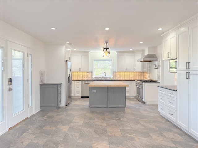 kitchen with butcher block counters, white cabinetry, and stainless steel appliances