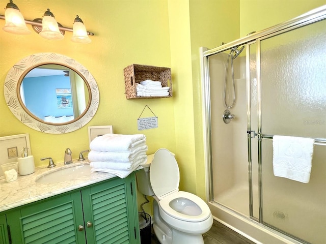 bathroom with vanity, toilet, and a shower with door