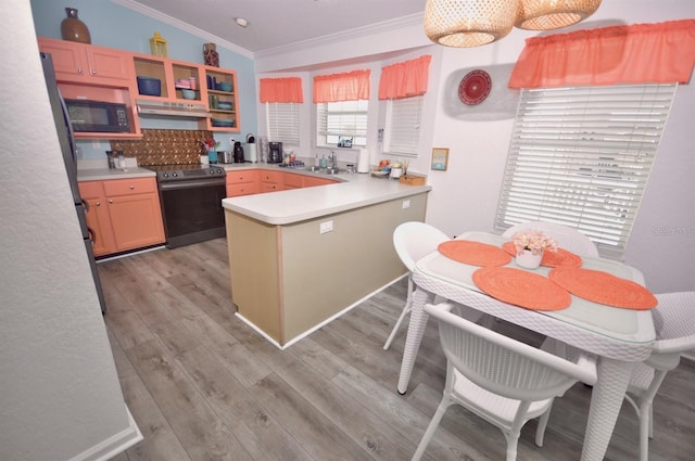 kitchen featuring stainless steel electric stove, sink, kitchen peninsula, crown molding, and light hardwood / wood-style flooring