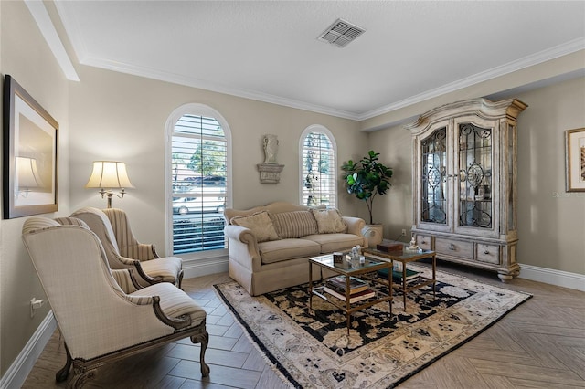 living room featuring ornamental molding and parquet flooring