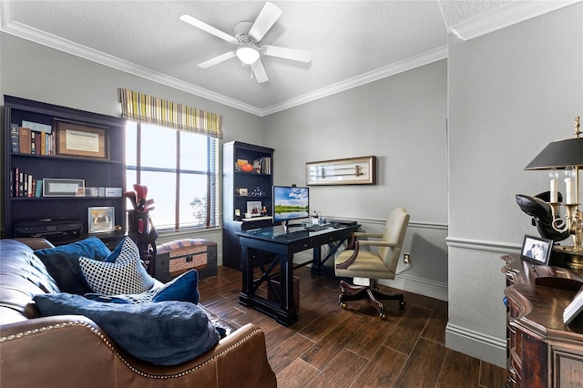 office space featuring ceiling fan, crown molding, and a textured ceiling