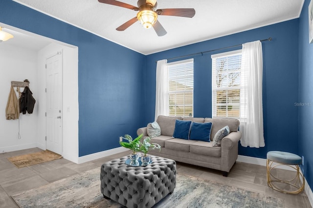 living room featuring ceiling fan