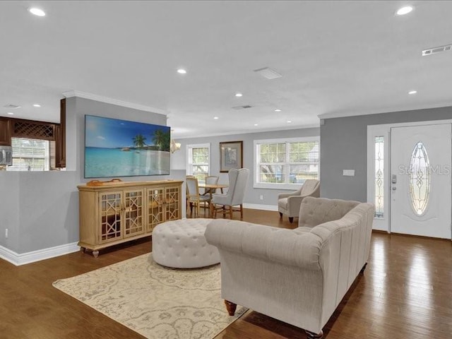 living room featuring dark hardwood / wood-style flooring and crown molding