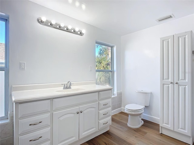 bathroom featuring hardwood / wood-style flooring, vanity, and toilet