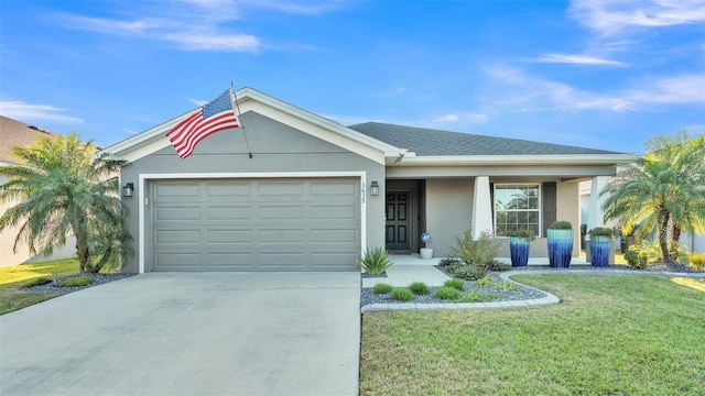 ranch-style house featuring a front lawn, covered porch, and a garage