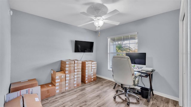 office space with light wood-type flooring and ceiling fan