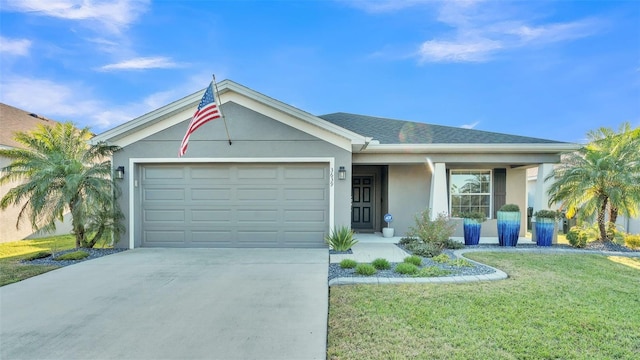 ranch-style home featuring a front lawn, a garage, and a porch