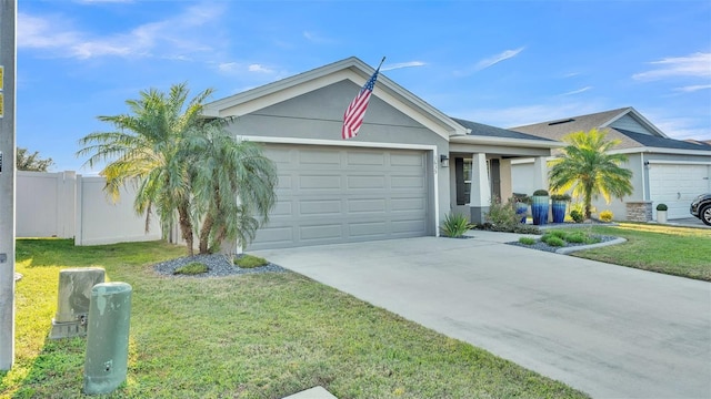 ranch-style house with a garage and a front yard