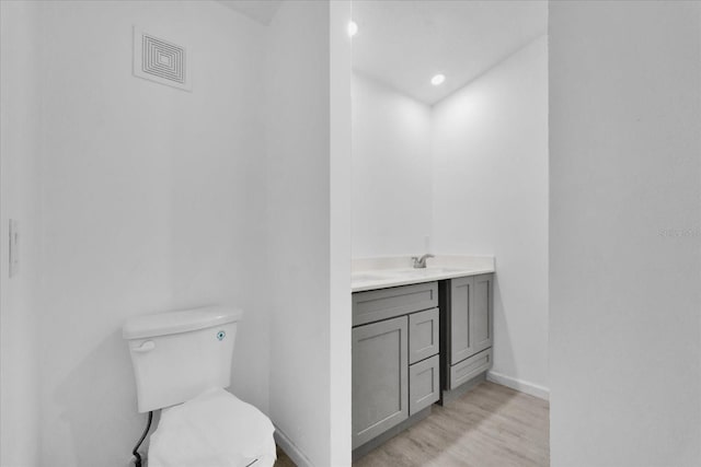 bathroom featuring vanity, wood-type flooring, and toilet