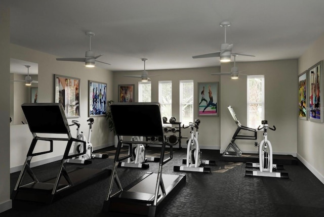 workout area featuring ceiling fan