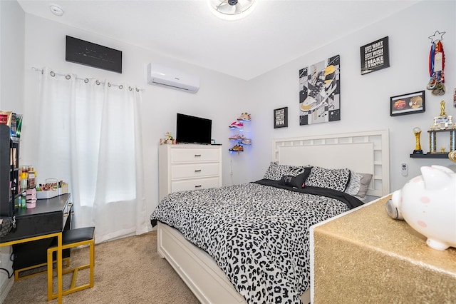 bedroom featuring light carpet and a wall mounted air conditioner