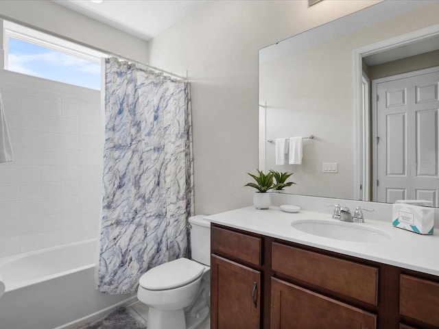 full bathroom with toilet, tile patterned flooring, shower / bath combination with curtain, and vanity