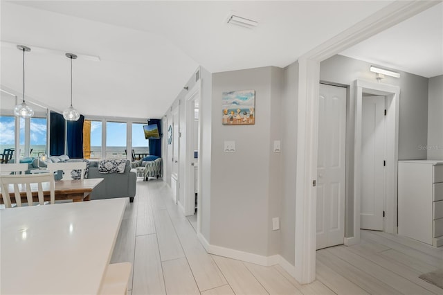 hall with expansive windows and light hardwood / wood-style floors