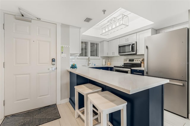 kitchen featuring backsplash, white cabinets, a kitchen bar, kitchen peninsula, and stainless steel appliances