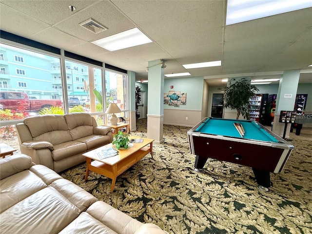 recreation room featuring carpet, a paneled ceiling, and billiards