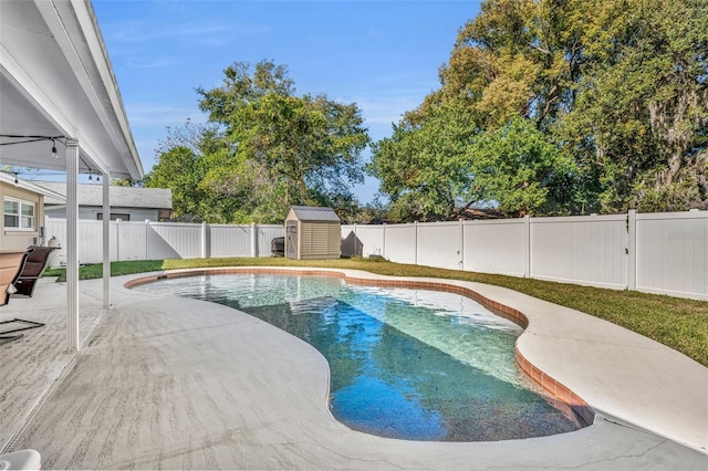 view of pool featuring a patio and a storage shed