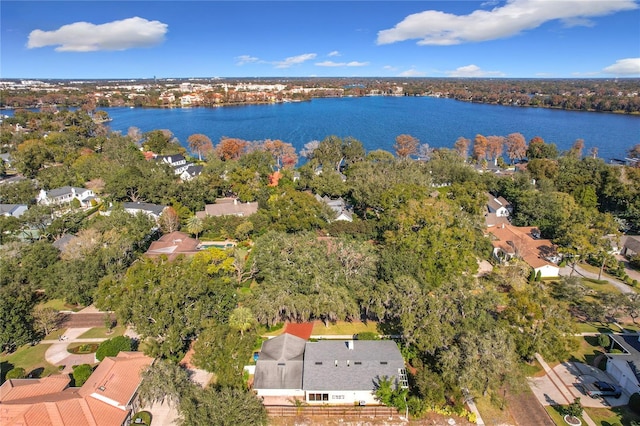 drone / aerial view with a water view