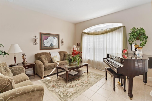 living area featuring light tile patterned flooring