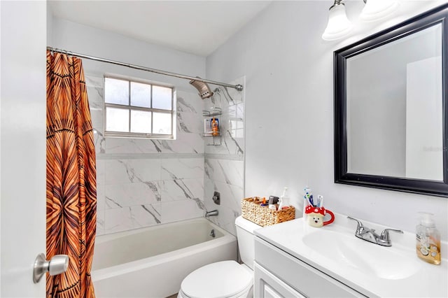 full bathroom featuring toilet, shower / bath combination with curtain, and vanity