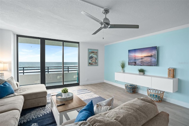 living room featuring ornamental molding, light hardwood / wood-style floors, and a water view